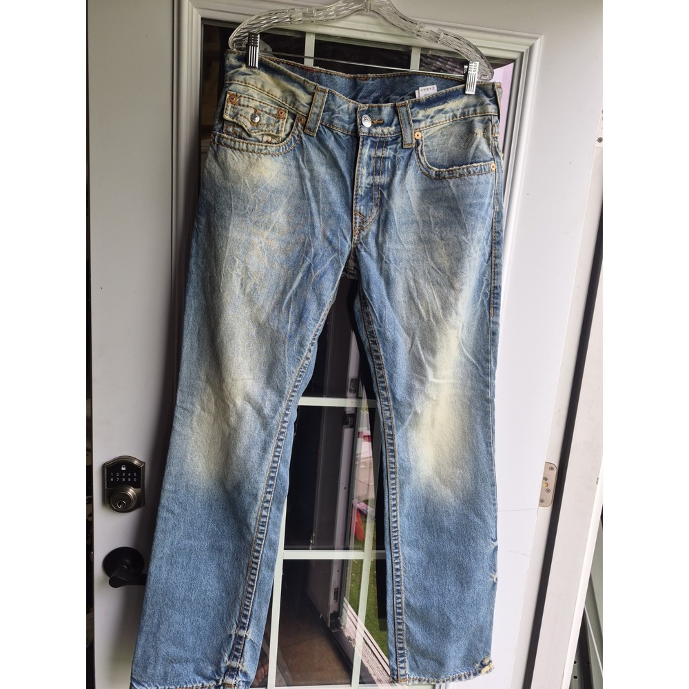 True Religion Mens Straight Light Wash Distressed Blue Jeans streetwear RN112790